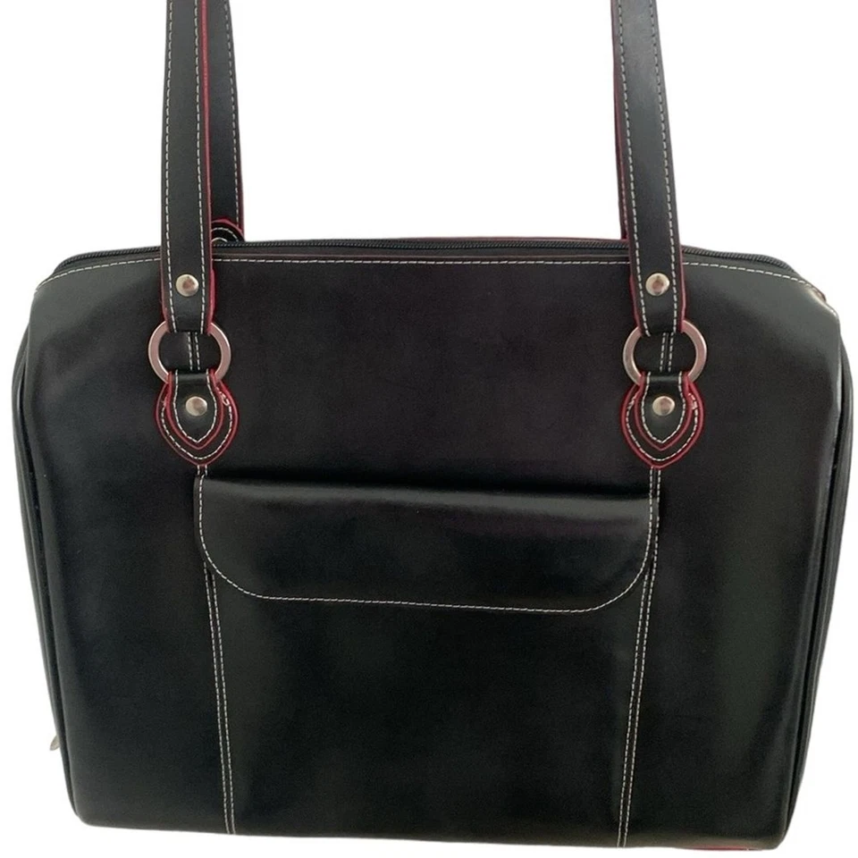 Bolso de hombro McKlein Glenview de cuero negro rojo para computadora portátil Foto 1 de 4