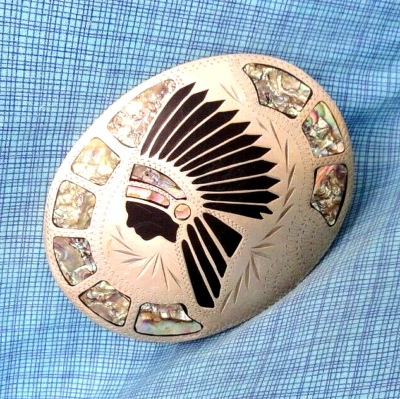 Hebilla de cinturón Indian Chief hecha a mano incrustación de abulón de colección años 70 Johnson Held. SHY236 Foto 1 de 4