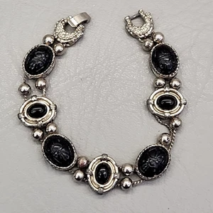 Vintage Slider Bracelet Black Scarabs Acrylic Rustic Silver Tone 7.5" - Picture 1 of 12