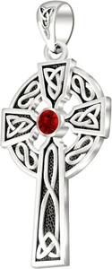 Men's Sterling Silver Simulated Ruby Birthstone Irish Celtic Knot Cross Pendant - Picture 1 of 5