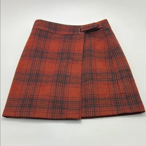 M&S Collection Tartan Plaid Wrap Skirt 8 Orange Black A-line Snap Fully Lined - Picture 1 of 12