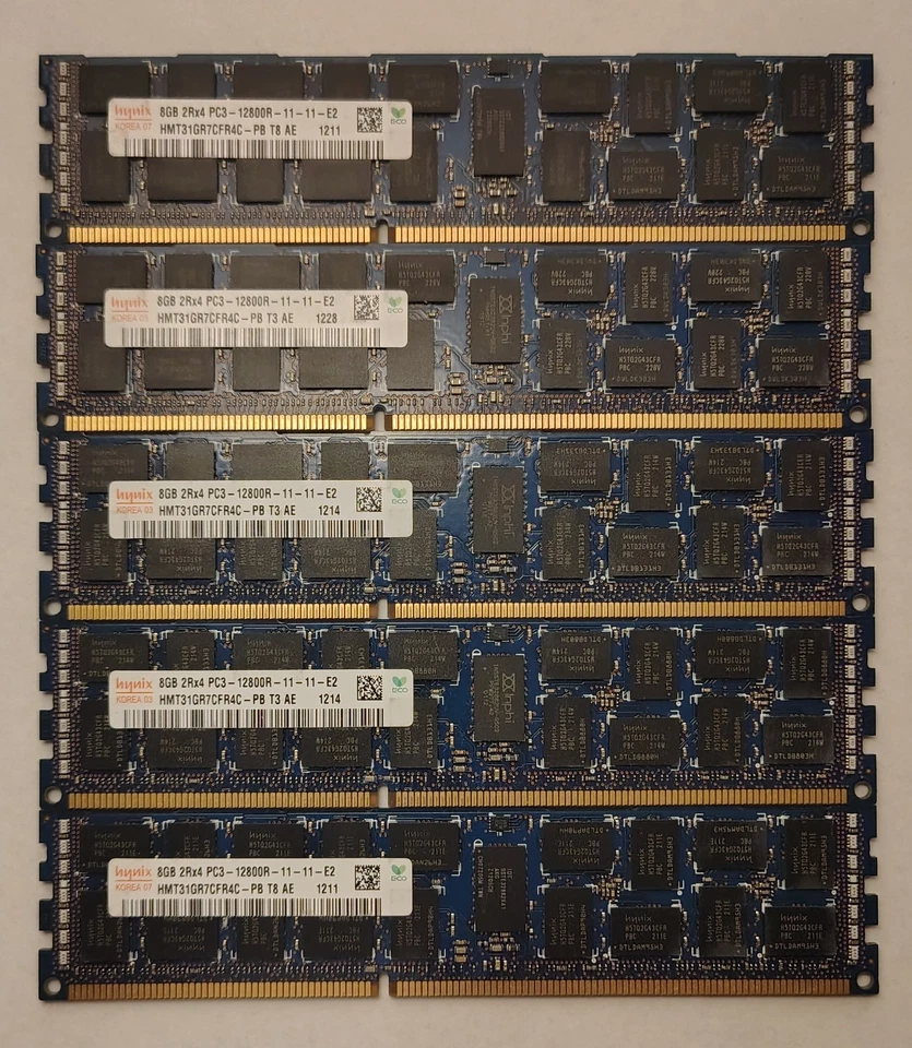 Lot of 5 Hynix 8GB 2Rx4 PC3-12800R ECC RAM (40GB total) Model HMT31GR7CFR4C-PB - Image 1 of 2