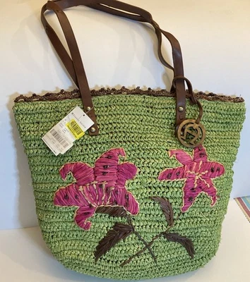 Bolso de Mano De Colección Etienne Aigner Tejido Paja Verde con Flores Rosas Colección Maui Nuevo con Etiquetas  Foto 1 de 4