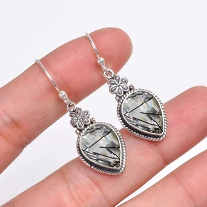 Black Rutilated Quartz Gemstone Handmade 925 Sterling Silver Jewelry Earrings - Picture 1 of 4