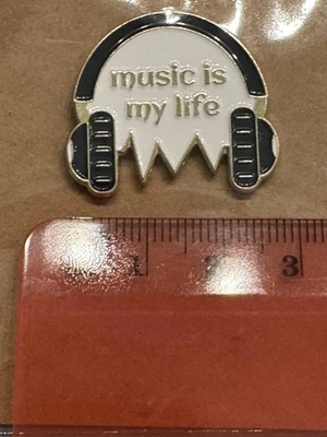 Music Is My Life Enamel Lapel Pin Headphones Gold Tone Black White Badge Gift - Image 1 of 3