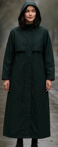 LL Bean Coat Trench Rain Jacket Duster Full Length Hooded Western Dark Green Med - Picture 1 of 11