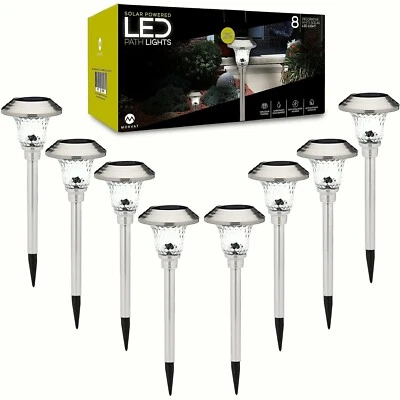 Morvat LED Stainless Steel & Glass Pathway Solar Lights, White Light, 8 Pack - Image 1 of 4