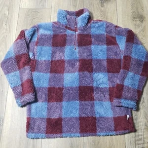 Eddie Bauer Damen Pullover mittelblau rot kariert Sherpa 1/4 Reißverschluss Stehkragen - Bild 1 von 8