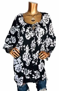 Charter Club 3X Plus Top NWT Floral Black White Blouse Lite Wgt Pleated Shell - Picture 1 of 10