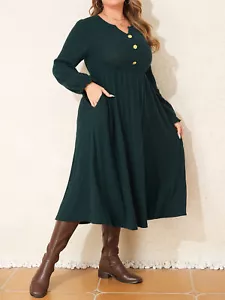 Plus Size Women Button V Neck Summer Dress Casual Loose Swing Midi Dresses US - Picture 1 of 17