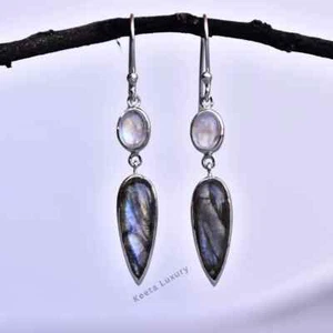 Natural Labradorita y Piedra de Luna 925 Streling Plata Mano Pendientes Largos - Imagen 1 de 4