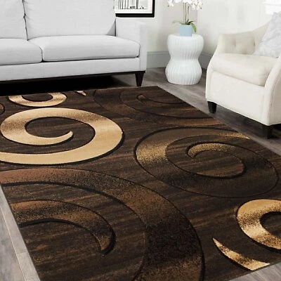 Chocolate Beige Rugs Swirls Abstract Contemporary Hand Carved 3-D - Image 1 of 4