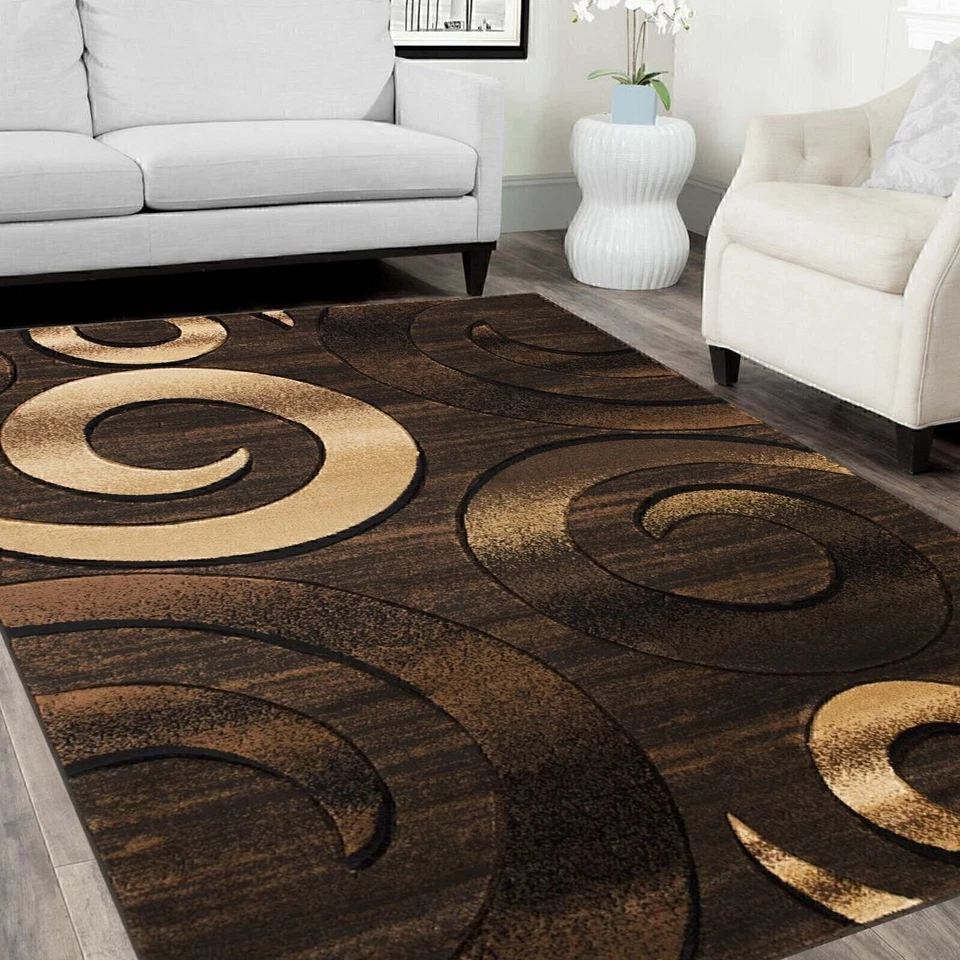 Chocolate Beige Rugs Swirls Abstract Contemporary Hand Carved 3-D - Image 1 of 4