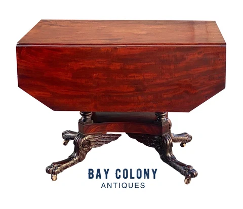 19th C Antique Federal New York Michael Allison Mahogany Drop Leaf Dining Table Cover