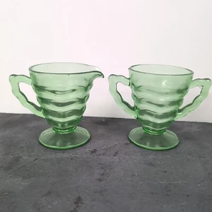 Jenkins Ocean Wave Creamer and Sugar Uranium Depression Vaseline Glass Tea Room - Picture 1 of 15
