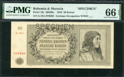 Bohemia & Moravia 1944 50 Korun P10s Specimen PMG 66 EPQ GEM UNC - Image 1 of 2