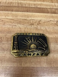 NOS VINTAGE 1977 KANSAS STATEHOOD COMMEMORATIVE SOLID BRASS BUCKLE - Picture 1 of 3