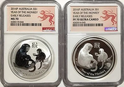 2016 SET OF 2 - MS & PF 70 Australia $1 1oz Silver Lunar Year of Monkey NGC - ER - Image 1 of 2