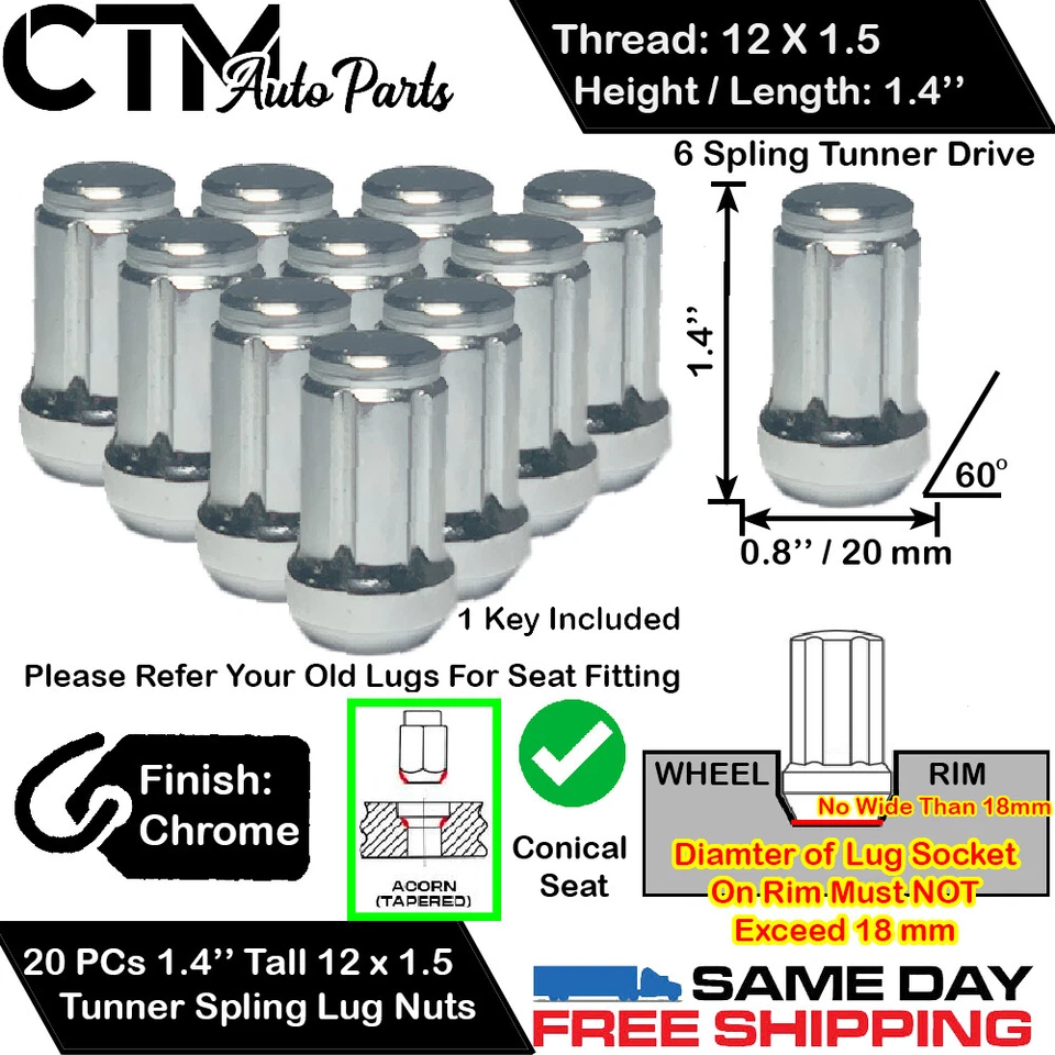 20 PIEZAS MAZDA 1.4" CROMO 12X1.5 AFINADOR CARRERAS SPLINE TUERCA DE RUEDA + LLAVE PARA MAZDA Foto 1 de 3