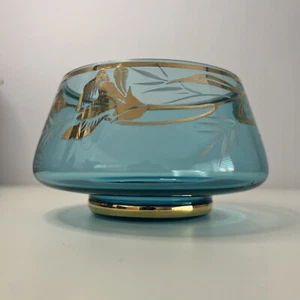 1950s Small Vintage Trinket Bowl Bohemia Czech Republic in Gold Art Glass teal - Picture 1 of 6