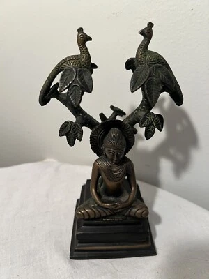 Estatua de Buda bajo árbol Bodhi latón altura 8,5 pulgadas Foto 1 de 4