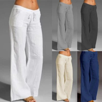 Summer Womens Ladies Cotton Blend Drawstring Trousers Baggy Wide Leg Pants Plus - Image 1 of 4