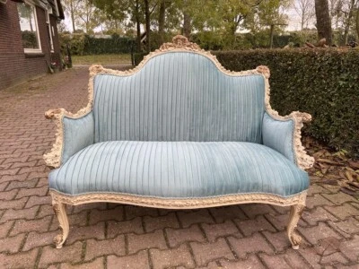 Sofa Couch - Antique French Louis XVI Settee with Velvet Upholstery & Gold Trim - Image 1 of 4