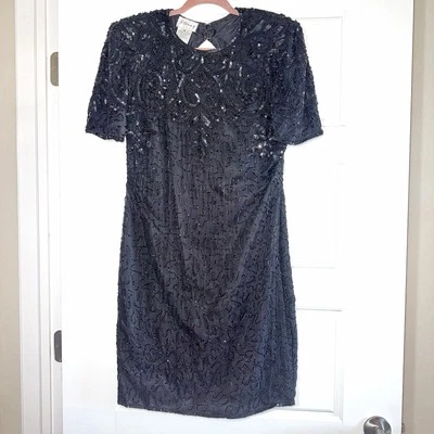 复古 80 年代 Stenay 真丝亮片串珠鸡尾酒会礼服黑色女式 10 码 — 第 1/4 张图片