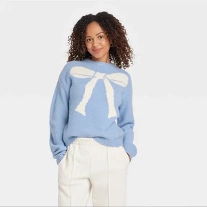 A New Day Light Blue Bow Long Sleeve Crew Neck Pullover Sweater XS NWOT - Picture 1 of 6