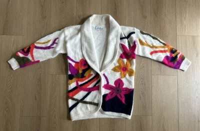 Cárdigan Suéter Vintage Rafaella Angora Mezcla Lana Floral Colorido Suave Pequeño Blanco Foto 1 de 4