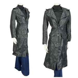 VTG 60S 70S NAVY BLUE LEATHER MOD TRENCH JACKET WITH POCKETS 10 - Picture 1 of 12