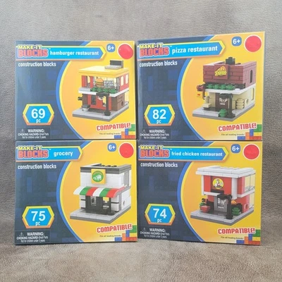 4 MAKE-IT BLOCKS Construction Brick Set Chicken Burger Pizza Grocery Toy Diorama - Image 1 of 4