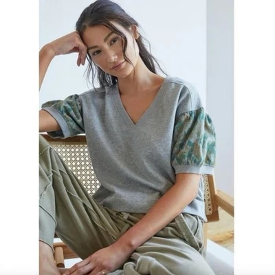 Anthropologie Size Small S Daily Practice Puff Sleeve Camo Print V-Neck Top NWT - Image 1 of 4