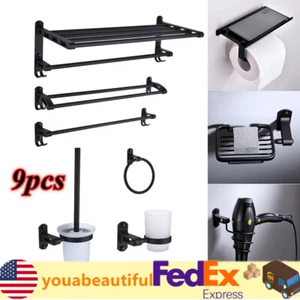 9Pcs Bathroom Hardware Storage Aluminum Rack Set Hanging Sink Towel Bar Black US - Picture 1 of 11
