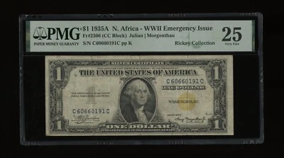 DBR 1935-A $1 North Africa Silver Fr. 2306 CC Block PMG 25 Serial C60660191C - Image 1 of 2