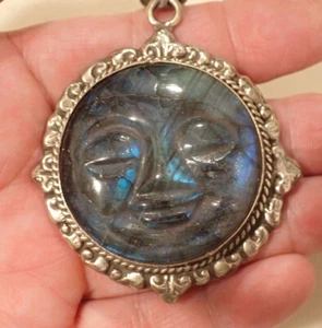 Large Flashy Blue Labradorite Moon Face Pendant - Picture 1 of 5