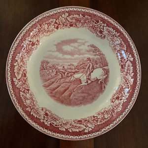 VTG 1940-56 HOMER LAUGHLIN CURRIER & IVES RED SOUP BOWL FOX HUNTING FULL CRY 8" - Picture 1 of 13
