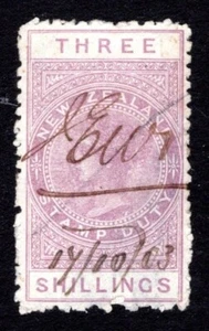 New Zealand Revenue / Fiscals, Queen Victoria ~ 3 Shilling SG F70 Used - Picture 1 of 1