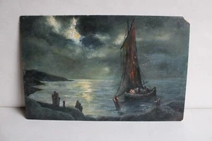 Ancienne huile sur papier, marine au claire de lune, dim 24.5 x 15.7 cm - Imagen 1 de 10