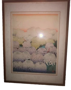 Chizuko Yoshida "Riposo con crisantemi" xilografia stampa arte firmata incorniciata - Foto 1 di 6
