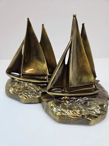 Vintage PM Brass Sail Boat Ocean Nautical Ship Bookends Pmc 64 B Schooner - Picture 1 of 11