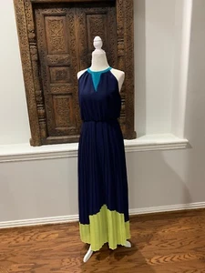 Wunderschönes langes plissiertes Neckholder-Kleid CHELSEA & VIOLET marineblau zitrone türkis SMALL - Bild 1 von 7