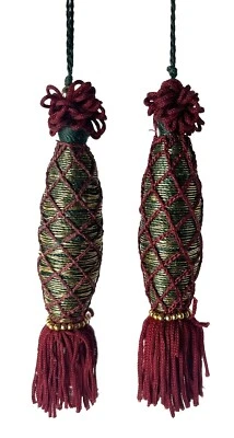 2 Decorative Embellished Tassels Ornaments Burgundy Gold Green 7.5” Lot Of 2 - Image 1 of 2