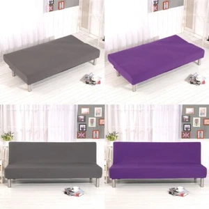 Futon Sofa Cover Solid Color Foldable Sofa Bed Cover Armless Elastic Slipcover - Picture 1 of 25