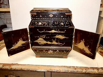 Antique Chinese Lacquered Wood Paint Decorated Jewelry Chest Ca. 1910 • 99.99$