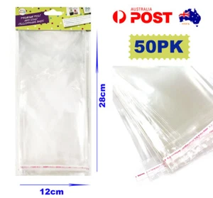 50pk Cellophane Bags 28 x 12cm Clear Resealable Adhesive Party Peal N Seal Cello - Picture 1 of 1