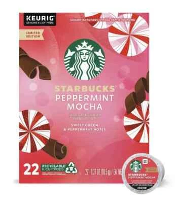 STARBUCKS Peppermint Mocha K-Cup Coffee Pods (4 boxes of 22 Count) BB may 2025 - Image 1 of 2