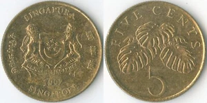 Singapore 1997 5 Cents KM# 99 Al-BZ Coat of Arms Lion Tiger Fruit Salad Plant - Picture 1 of 3