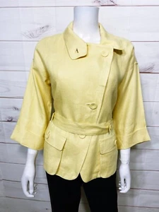 Talbots Womens Pure Irish Linen Jacket Size 8 Yellow Belted Pockets 3/4 Sleeve - Picture 1 of 13