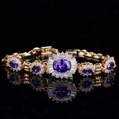 New Mix Color Oval Amethyst Topaz Gemstone Charm Women Bracelets Yellow Gold - Image 1 of 4